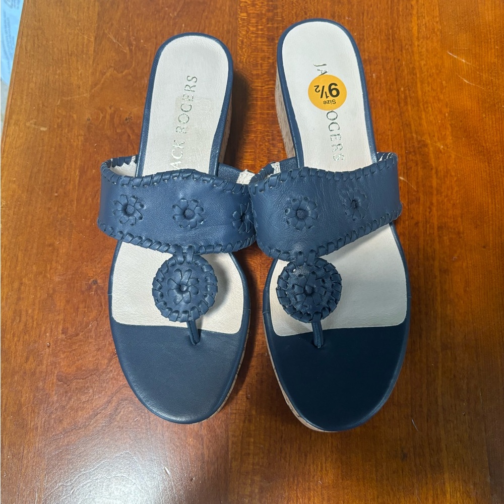 NEW JACK ROGERS Navy Blue Leather with Cork Heel Sandal size 9 1/2